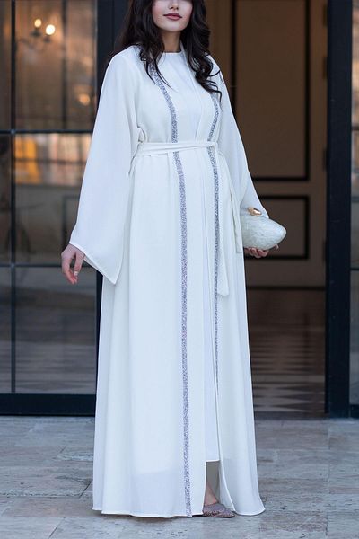 MELEK ARAZ Μπροστινή Πέτρινη Ρίγα Abaya-Λευκό