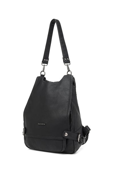 Getcho Beltran Women's Black Multi-Eye Double Strap Backpack and Shoulder Bag with Laptop Compartment Washed Leather