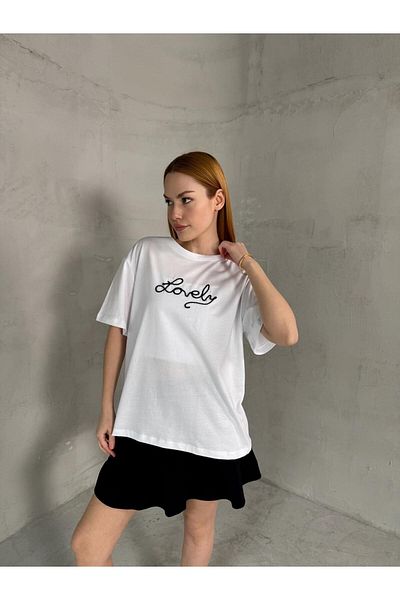 Cappmoda T-904 Λευκό Lovely Text Κεντημένο Βαμβακερό Φαρδύ T-Shirt