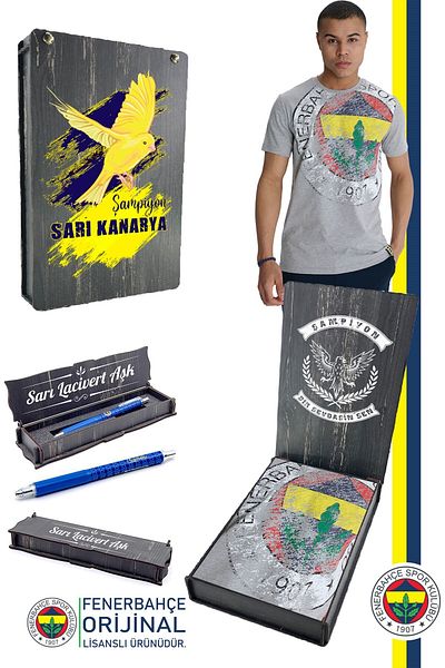 Fenerbahçe Γκρι T-Shirt Tribune + Σετ μολυβιού με μύτη με ξύλινο κουτί δώρου, λογότυπο 6 χρωμάτων
