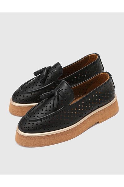 İLVİ Elouga Genuine Leather Women's Black Loafer Shoes