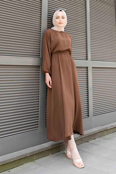lamelif.com Yarasa Kol Prenses Elbise Kahverengi