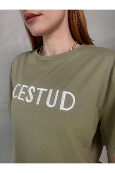 Cappmoda T-907 Χακί Λευκό Cestud Κεντητό κοντομάνικο βαμβακερό μπλουζάκι