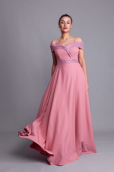 Bidoluelbise Βραδινό φόρεμα με λουράκι Dusty Rose με καρό παγιέτες με λεπτομέρεια Maxi μήκους