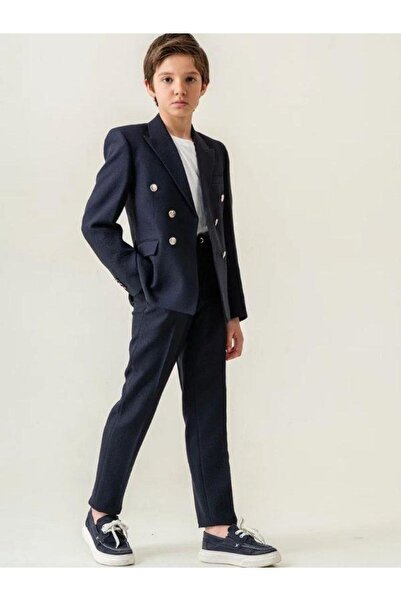 Zekids Erkek Çocuk Kruvaze Kesim Blazer 3 lü Spor Takım Elbise