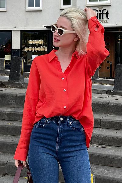 Madmext Red Muslin Fabric Basic Women's Shirt Mg1660