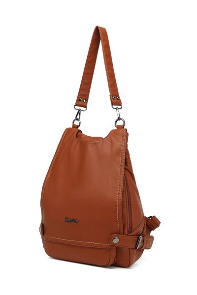 Getcho Beltran Women's Tan Multi-Eye Double Strap Backpack and Shoulder Bag with Laptop Compartment Washed Leather