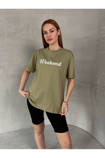 Cappmoda T-906 Χακί Σαββατοκύριακο Κεντημένο κοντομάνικο βαμβακερό μπλουζάκι