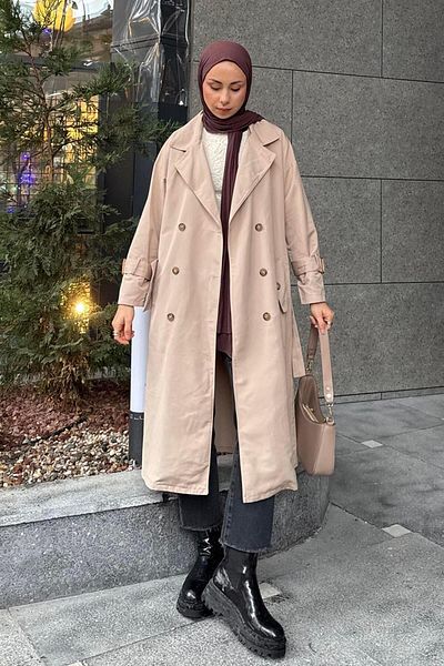 lamelif.com Trench bej cu centură cu mâneci detaliate