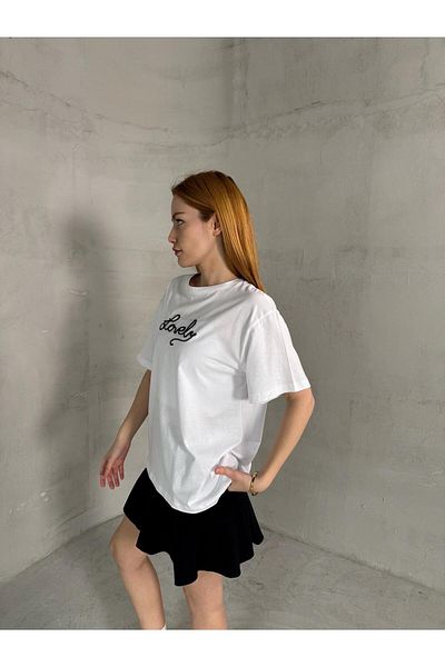 Cappmoda T-904 Λευκό Lovely Text Κεντημένο Βαμβακερό Φαρδύ T-Shirt