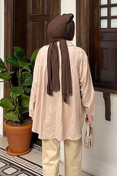 lamelif.com Cămașă oversize bej cu un singur buzunar