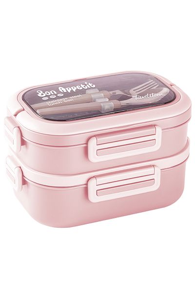 Tantitoni Pink 2 Layer Food Carrying Catan with Fork and Spoon 1.65L