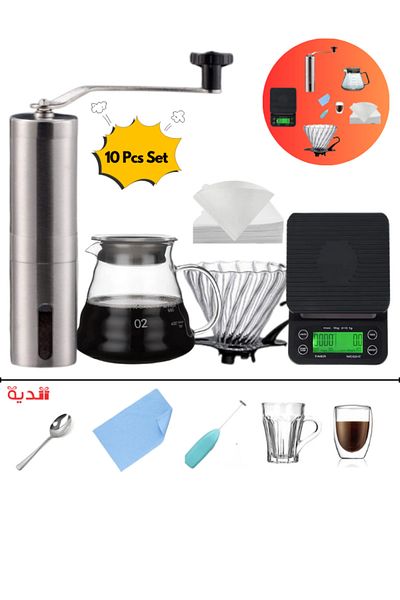 DOPPİO DOPPIO 10 Pcs V60 Premium Pour Over Manual Coffee Maker with Manual Grinder Dripper Set