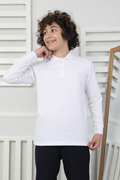 NEWKİDS 9-13 Years Old Plain White School and Daily Polo Collar Children's Sweatshirt