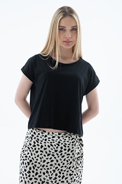 Fashion Friends Κοντομάνικο Crop 100% βαμβακερό T-Shirt Μαύρο