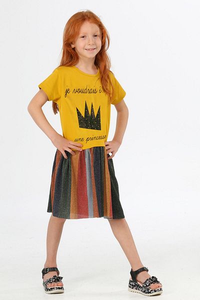 LupiaKids Crown Printed Short Sleeve Dress – Yellow Top & Colorful Skirt – Summer – Girls