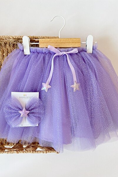 MAMASBOW Fiyonk Toka Hediyeli Yıldız Detaylı Simli Lila Çocuk Tütü Etek