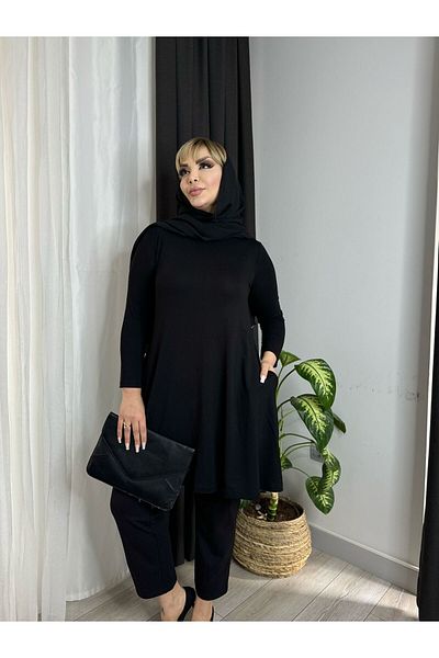 LİKRA Women's Large Size Waist-Seated Pocketed Lycra Viscos Tunic