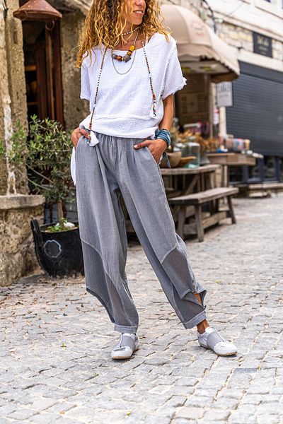 Güneşkızı Women's Gray Elastic Waist Buttoned Mesh Linen Shalwar Trousers Rsd3038