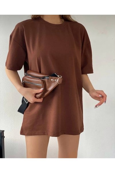 BLYDE LAYY Women's Brown Plain Unprinted Oversize T-Shirt