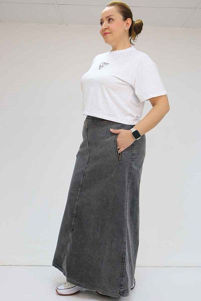 Eslina 45011 Large Size Zippered Denim Skirt - Anthracite