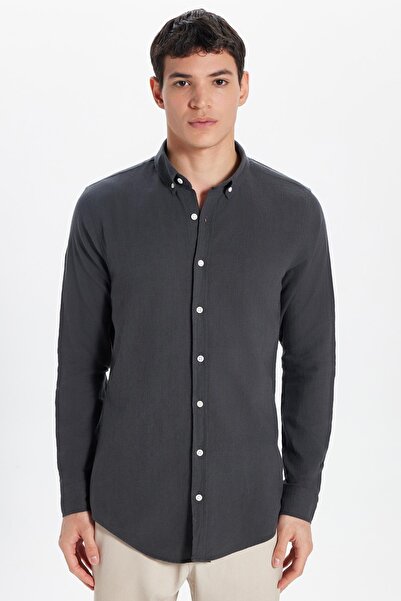 Tudors Men's Slim Fit Slim Fit 100% Cotton Linen Texture Button Collar Smoked Shirt