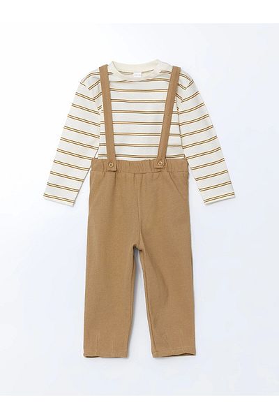 LC Waikiki Lcw Baby Brown Crew Neck Striped Baby Boy T-Shirt and Sling Pants 2-Piece