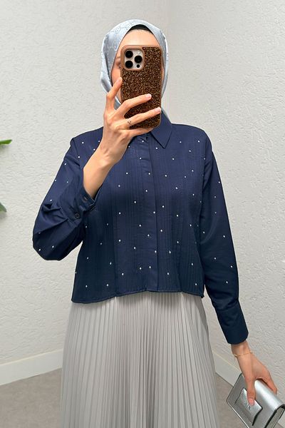 Salih Çelebi Ribbed Stone Short Shirt 2263 - Dark Blue