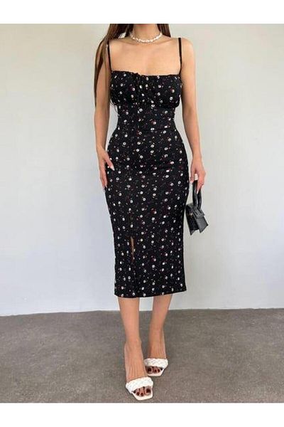 Irmak Kerekli Rochie de damă cu bretele cu model margarete negre 10546