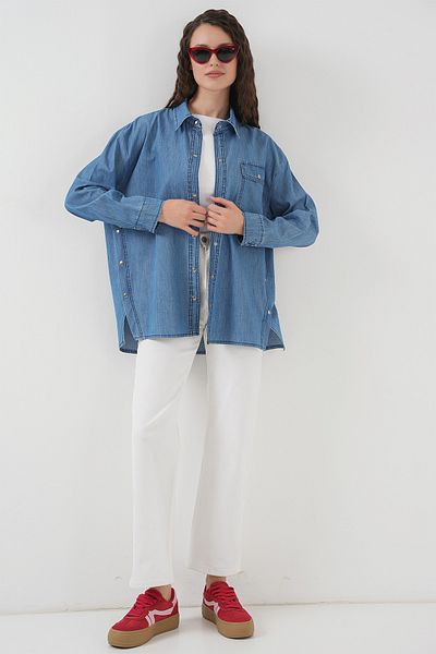Bigdart Cămașă de damă din denim cu detaliu cu nasturi 20299 - Albastru