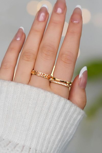 The Collection Set of 2 Zircon Stone Waterway Double and Maze Model Gold Adjustable Women's Ring Set (2 Rings)