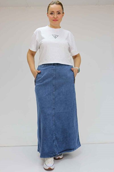 Eslina 45011 Large Size Zippered Denim Skirt - Blue