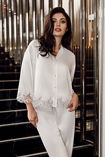 PERİN 9900-Satin Lace 6 Piece Satin Nightgown Set