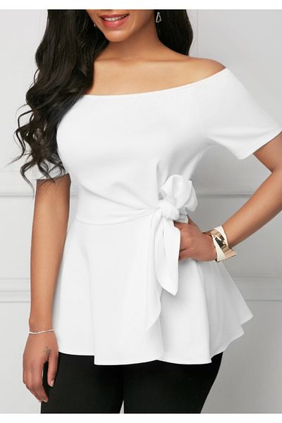 Little Visqon Women's Short Sleeve Madonna Collar Side Tie Imported Crepe Blouse