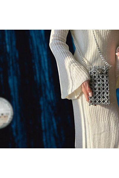 Las Perlas Gri Gümüş Renk Kristal Boncuk Tasarım Telefonluk Çapraz Askılı Cüzdan Telefon Çantası