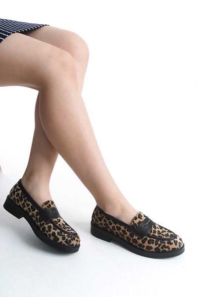 GNS Shoes Leather Black Leopard Patterned Women's Loafer Shoes