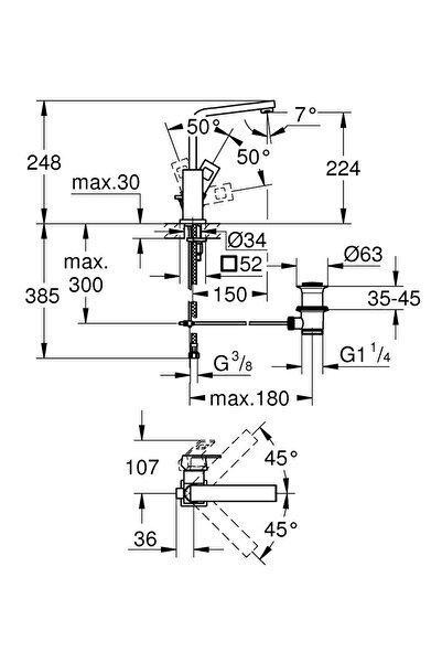 Grohe Baterie lavoar Grohe Eurocube 23135AL0, 3/8, monocomanda, cartus ceramic, pivotanta, Grafit