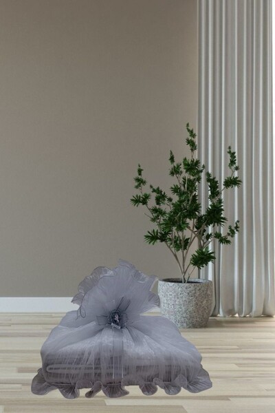 Genel Markalar Gri Renk Piliseli Tül Güllü Fiyonklu Söz Nişan Süs Bohça 40x50