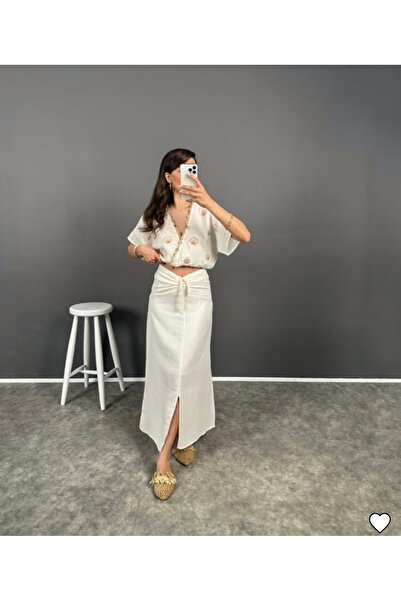 AÈC PRIVÈ Women's Special Design Beach Summer Linen Blouse Skirt Set 5555