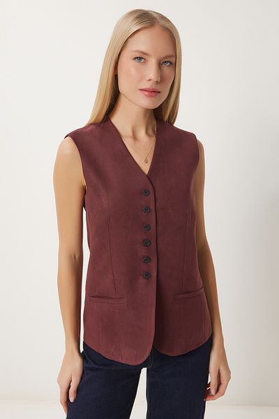 Lovelyİstanbul V-Neck Nubuck Vest Claret Red Lfn0080