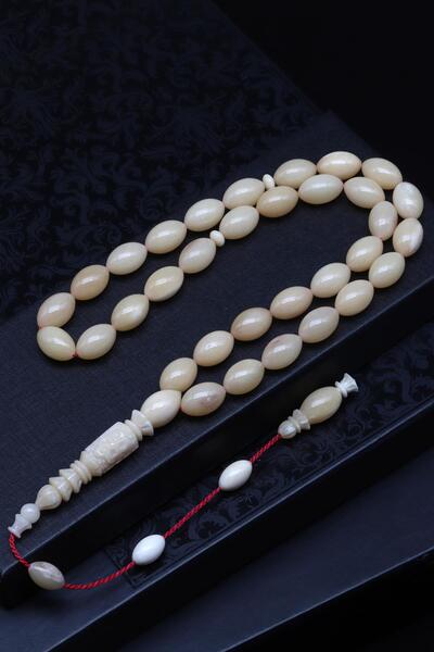 Alibaba Doğaltaş Usta İşçilikli İmame Oymalı Kemik Tesbih 9 x 14 mm Arpa Kesim