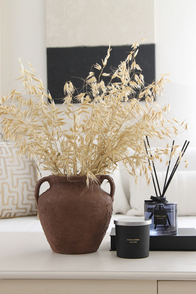 CHANZA HOME مزهرية سيراميك مصنوعة يدويًا باللون البني مزهرية مزخرفة بمقبض