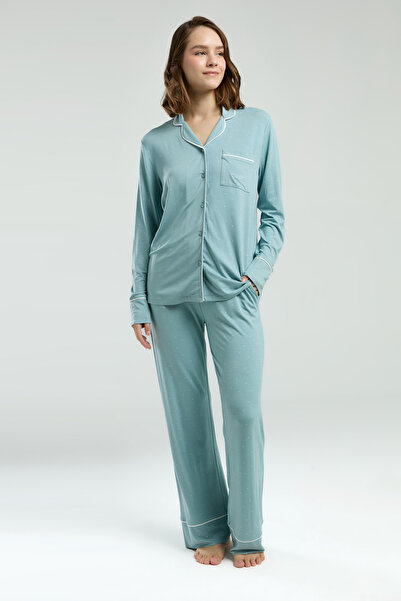 Pierre Cardin Green Women's Pajama Set - Viscose Fabric, Front Button, Long Sleeve, Pocket