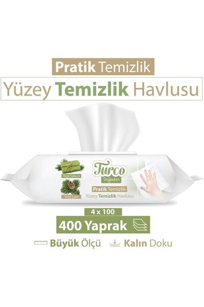 Baby Turco Yüzey Temizlik Havlusu Yeşil Çam, Sabun 100'lü 4 Adet