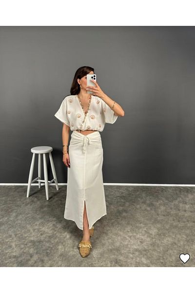 AÈC PRIVÈ Women's Special Design Beach Summer Linen Blouse Skirt Set 5555