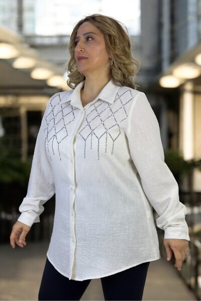 yagmurberen Cămașă de mărime mare din bumbac și in, brodat cu piatră, cu mâneci pliabile
