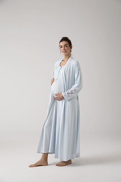 BEYVİP طقم رداء نوم نسائي أزرق بتصميم خاص من القطن والدانتيل مفصل من الدانتيل...