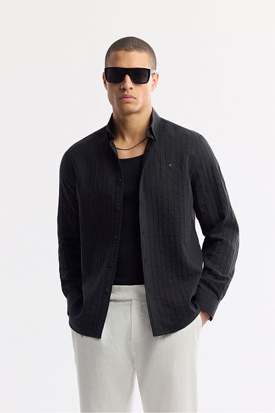 Avva Men's Black Bottomed Brit Collar Striped Comfort Fit Long Sleeve Shirt A51Y2012