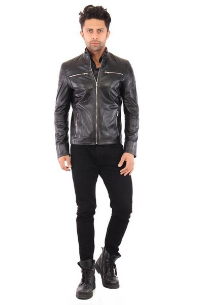 DeriWork Genuine Lambskin Shoulder Diamond Patterned Sleeve Zipper Detailed Four Pocket Leather Jacket Black