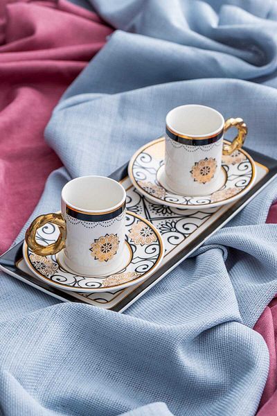 ACAR Francesca Black Porcelain Coffee Cup Set 5 Pieces for 2 People 90 ml